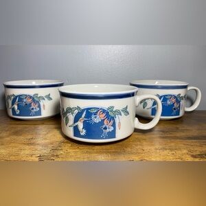 Vintage Otagiri Soup Bowl Mug Set of 3! Hummingbird & Flower Blue & White Japan